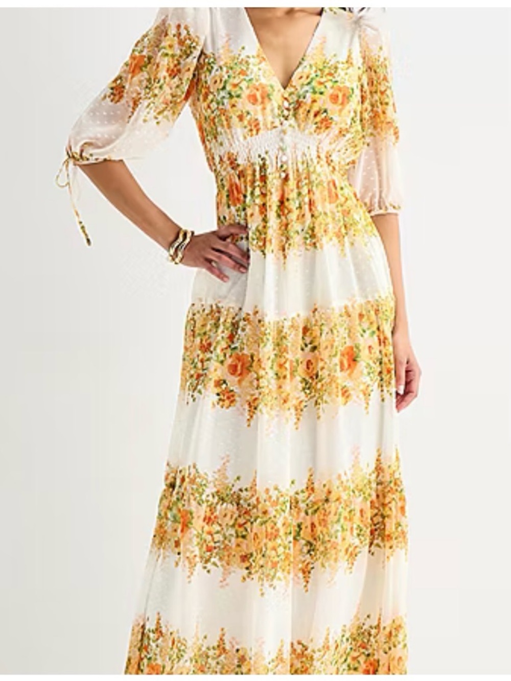 Melonie Floral Puff-Sleeve V-Neck Blouse - White with Orange & Green Floral